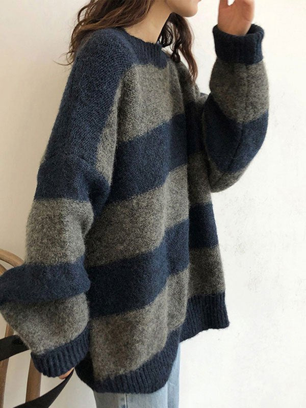 Damen Pullover mit Breiten Streifen Rundhals Langen Ärmeln und Rippbündchen