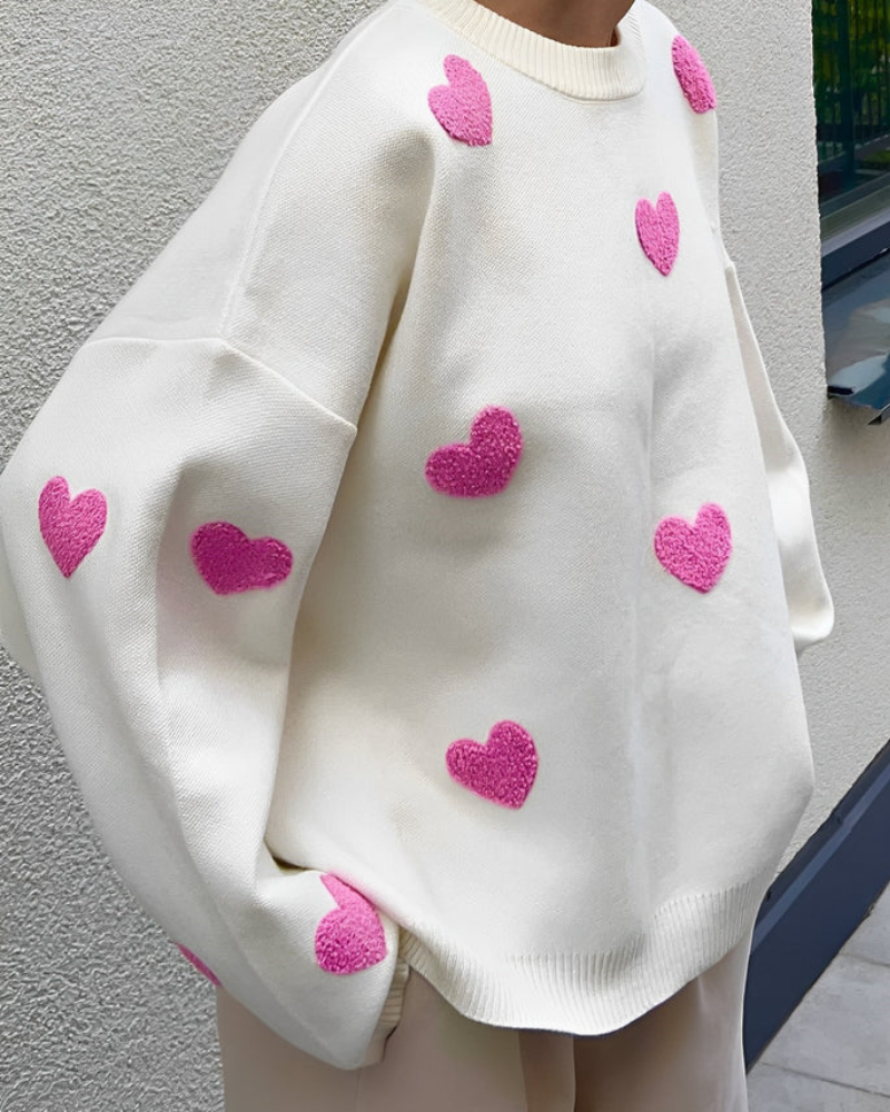 Damen Pullover mit Herz-Applikationen und Rundhalsausschnitt