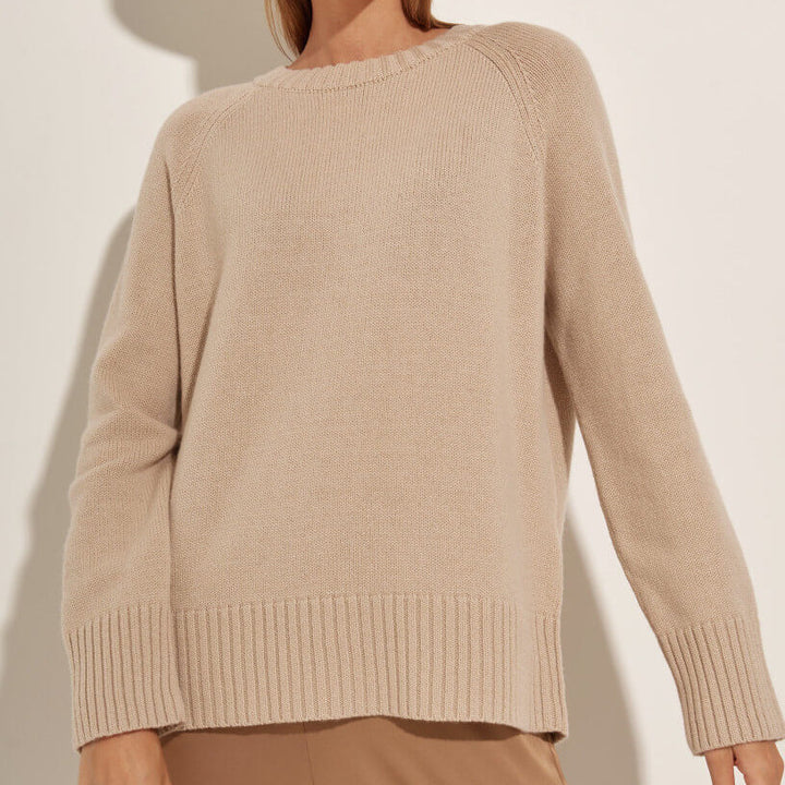 Damen Pullover mit hohem Rundhalsausschnitt Raglanärmeln und gerippten Bündchen