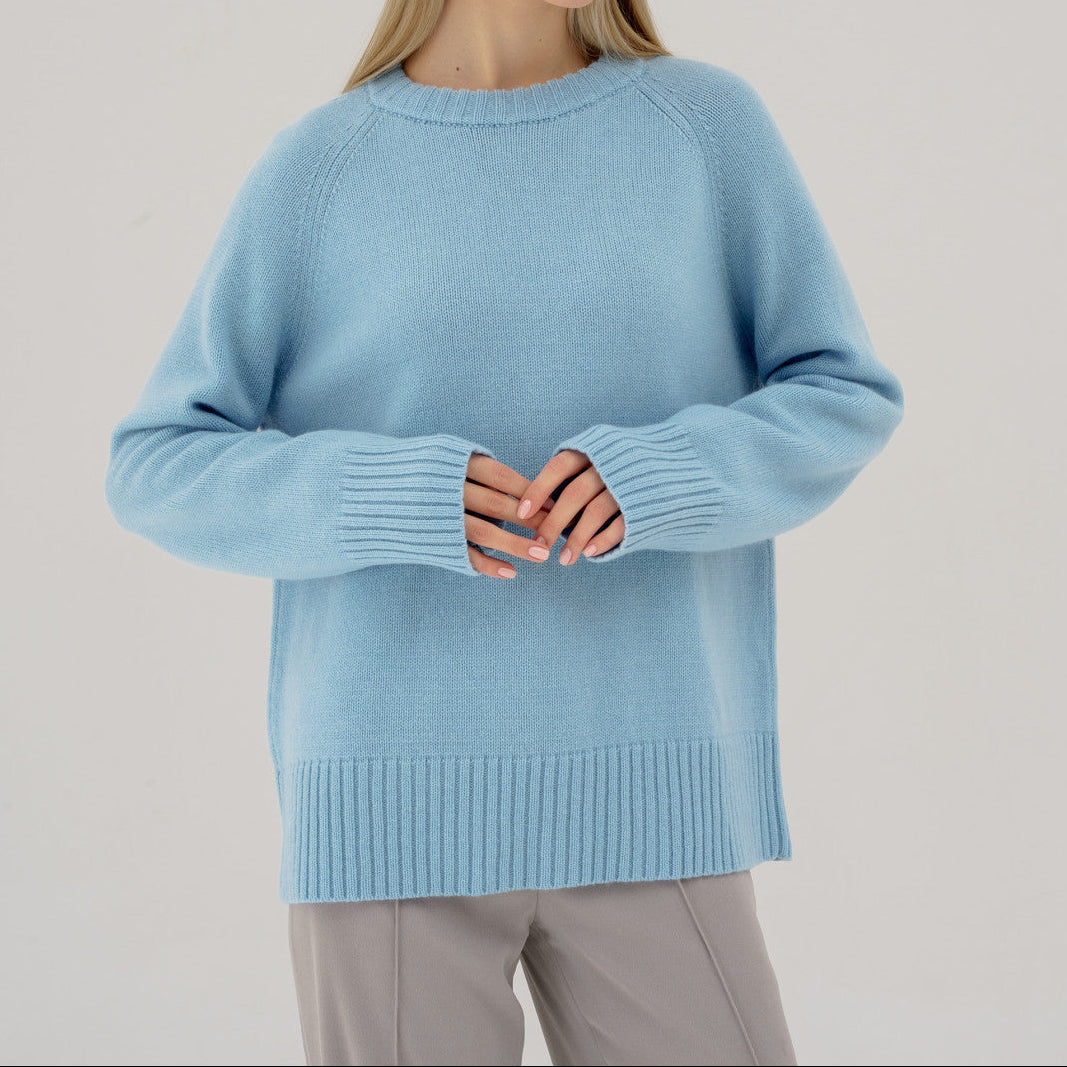 Damen Pullover mit hohem Rundhalsausschnitt Raglanärmeln und gerippten Bündchen