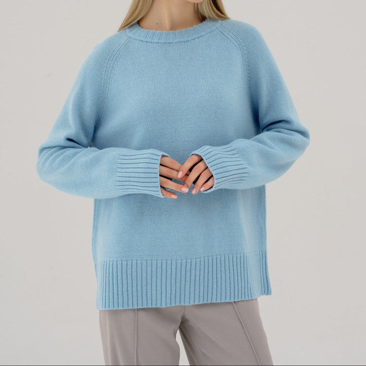 Damen Pullover mit hohem Rundhalsausschnitt Raglanärmeln und gerippten Bündchen