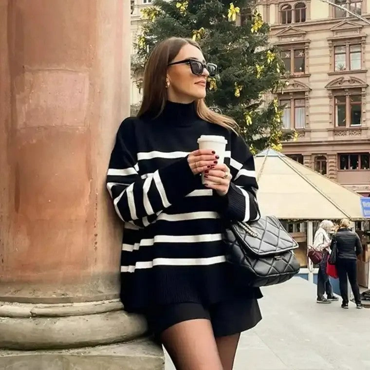 Damen Pullover mit Rollkragen horizontalen Streifen langen Ärmeln und gerippten Bündchen