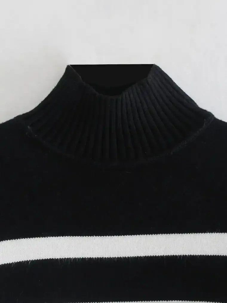 Damen Pullover mit Rollkragen horizontalen Streifen langen Ärmeln und gerippten Bündchen