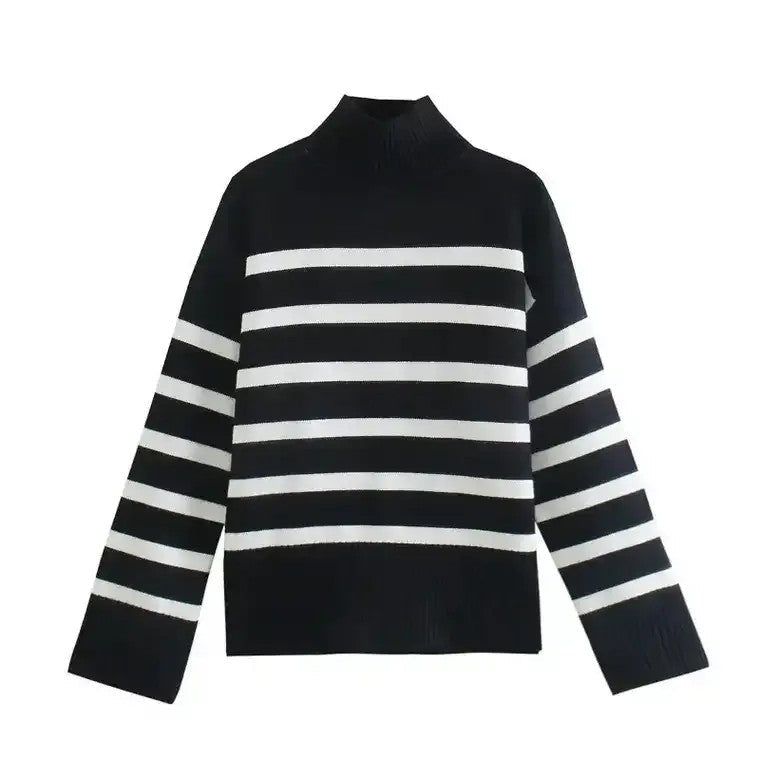 Damen Pullover mit Rollkragen horizontalen Streifen langen Ärmeln und gerippten Bündchen