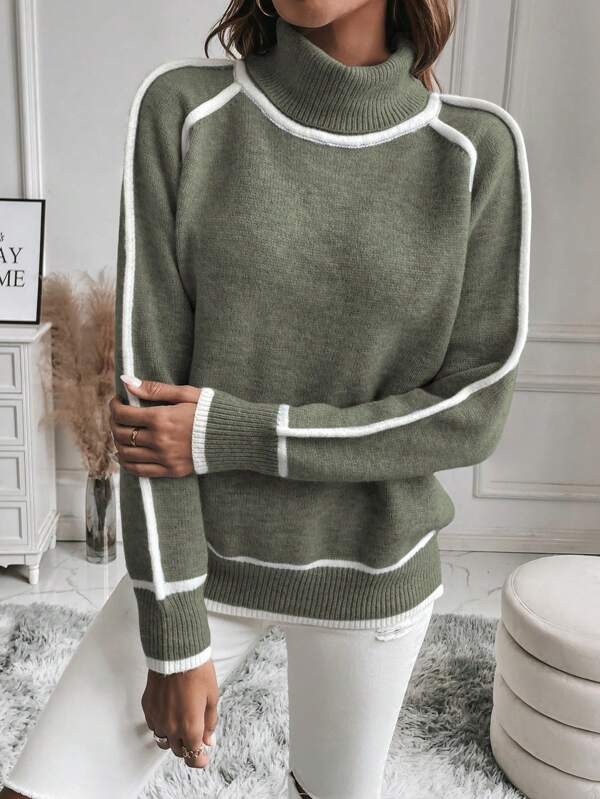 Damen-Pullover mit Rollkragen und kontrastfarbigen Bündchen