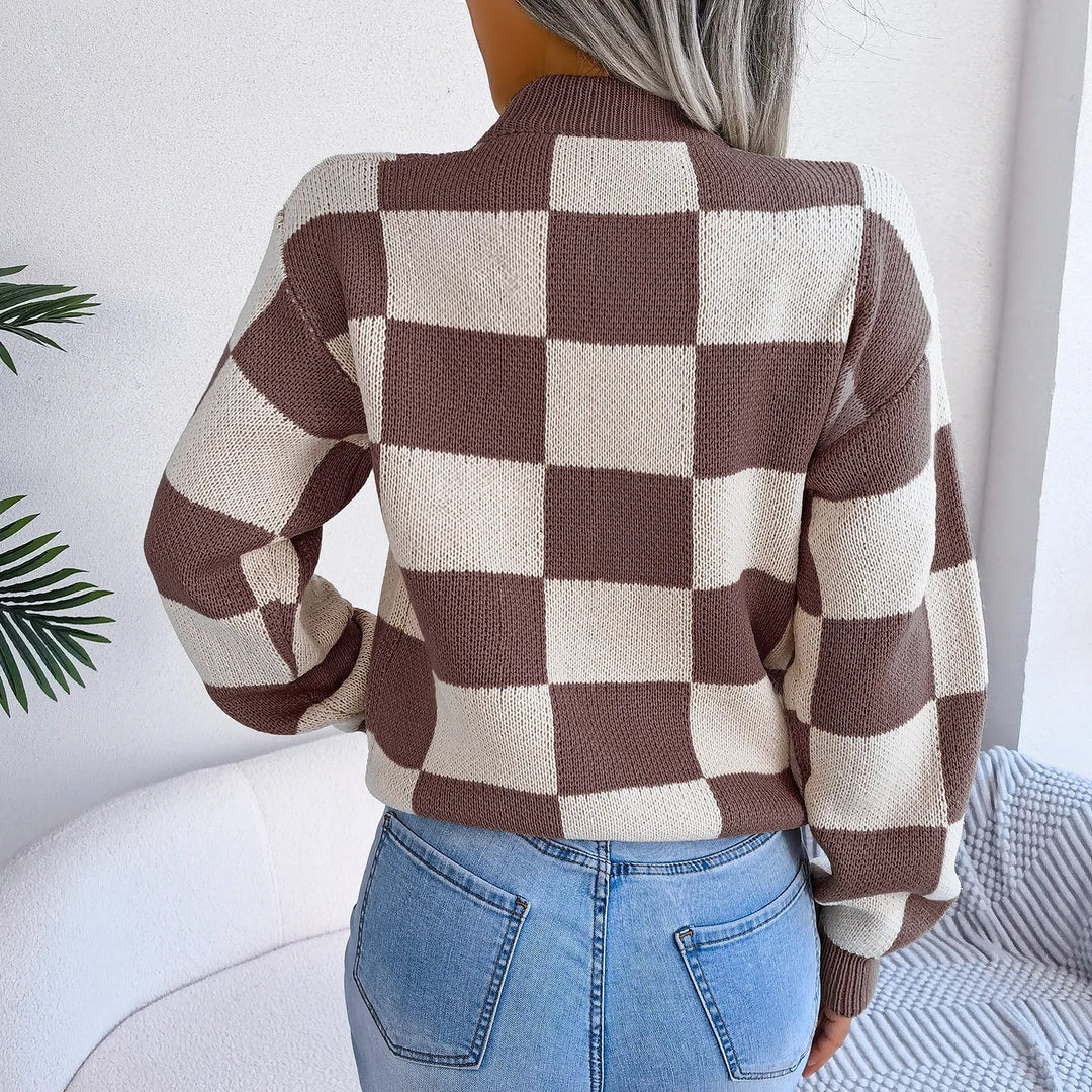 Damen Pullover mit Rundausschnitt Langen Ärmeln Rippbündchen und Großem Karomuster