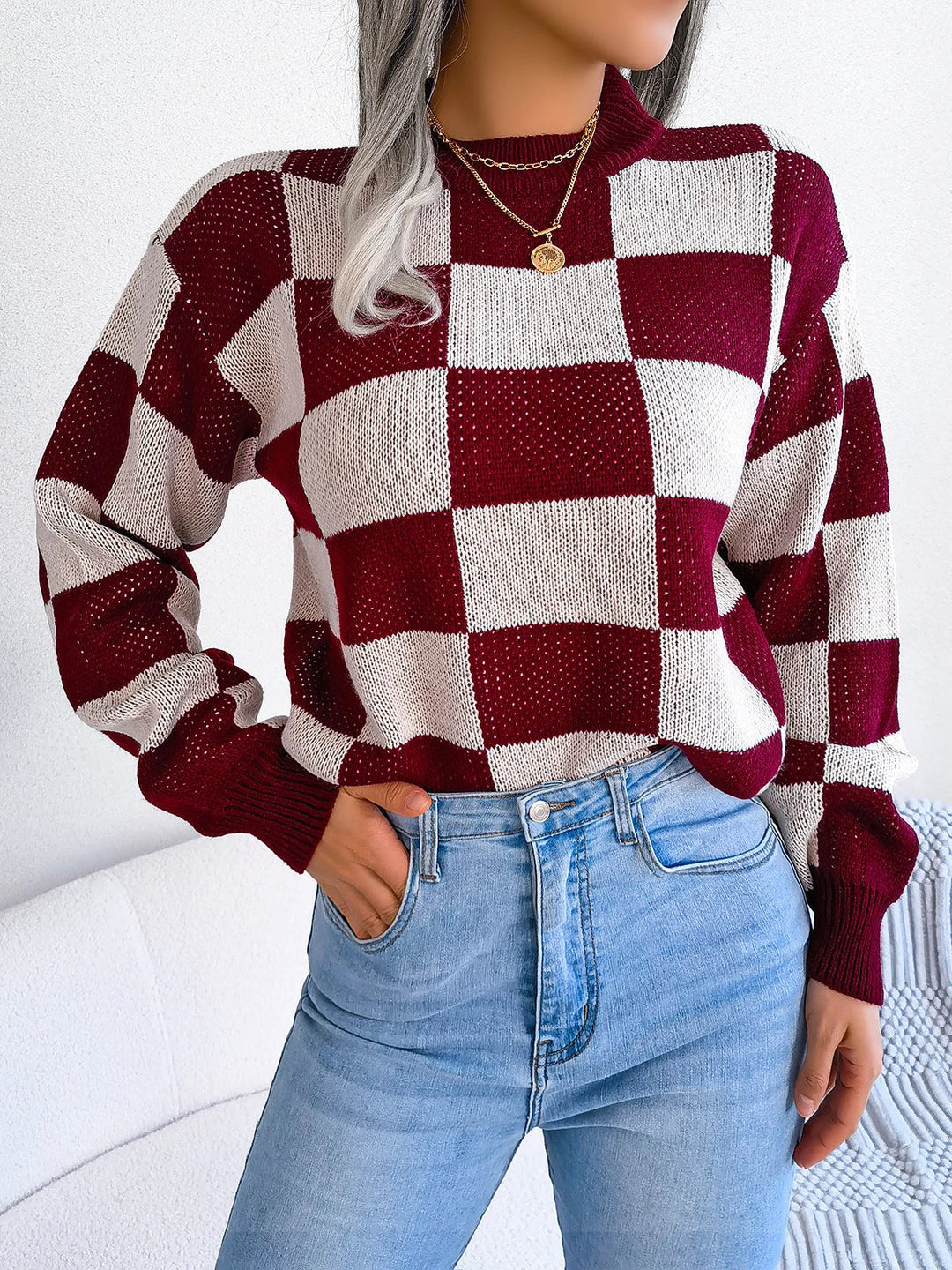 Damen Pullover mit Rundausschnitt Langen Ärmeln Rippbündchen und Großem Karomuster