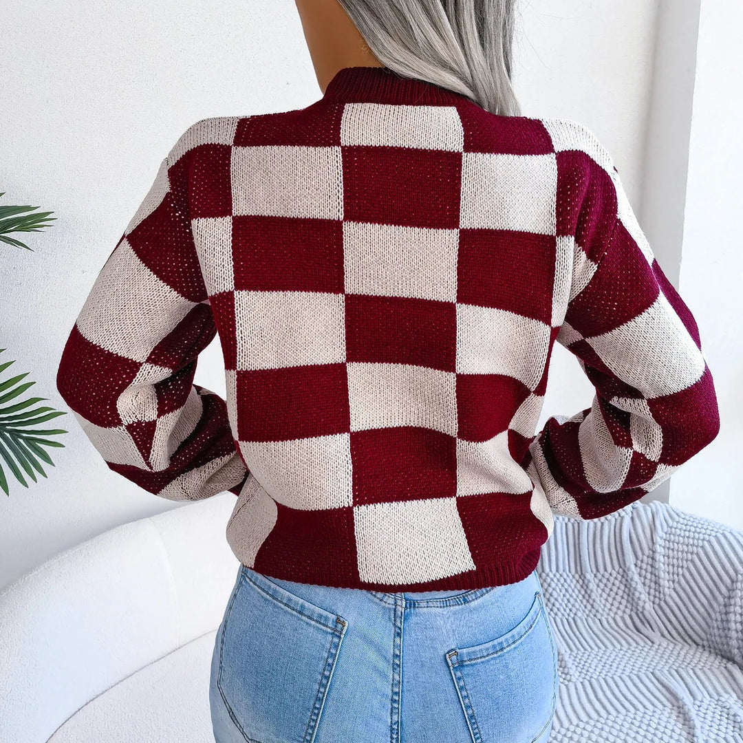 Damen Pullover mit Rundausschnitt Langen Ärmeln Rippbündchen und Großem Karomuster