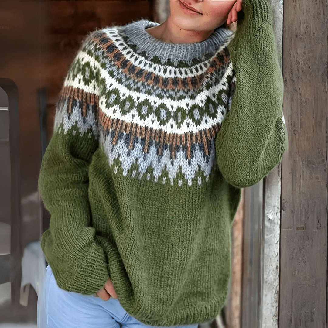 Damen Pullover mit Rundhalsausschnitt Norwegermuster an der Passe und langen Ärmeln