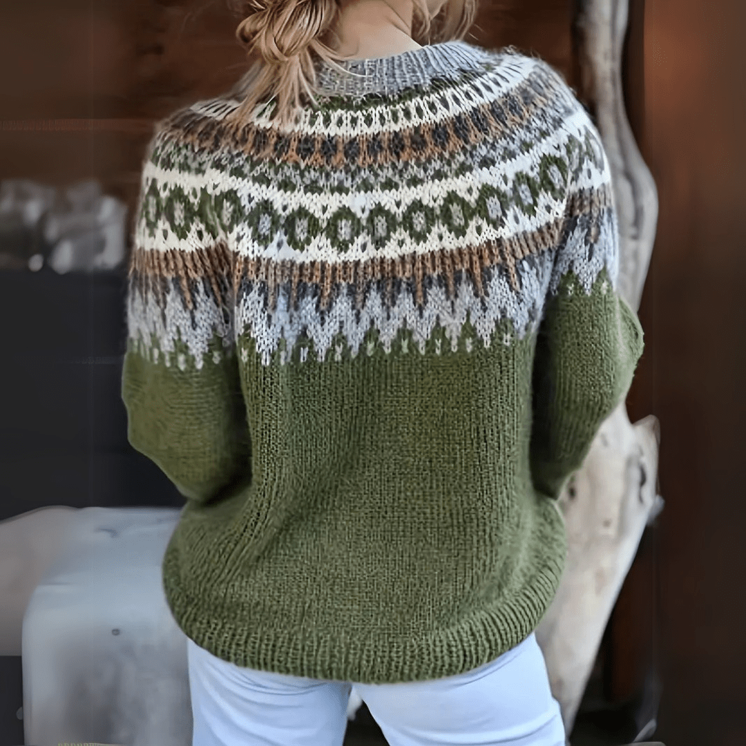 Damen Pullover mit Rundhalsausschnitt Norwegermuster an der Passe und langen Ärmeln