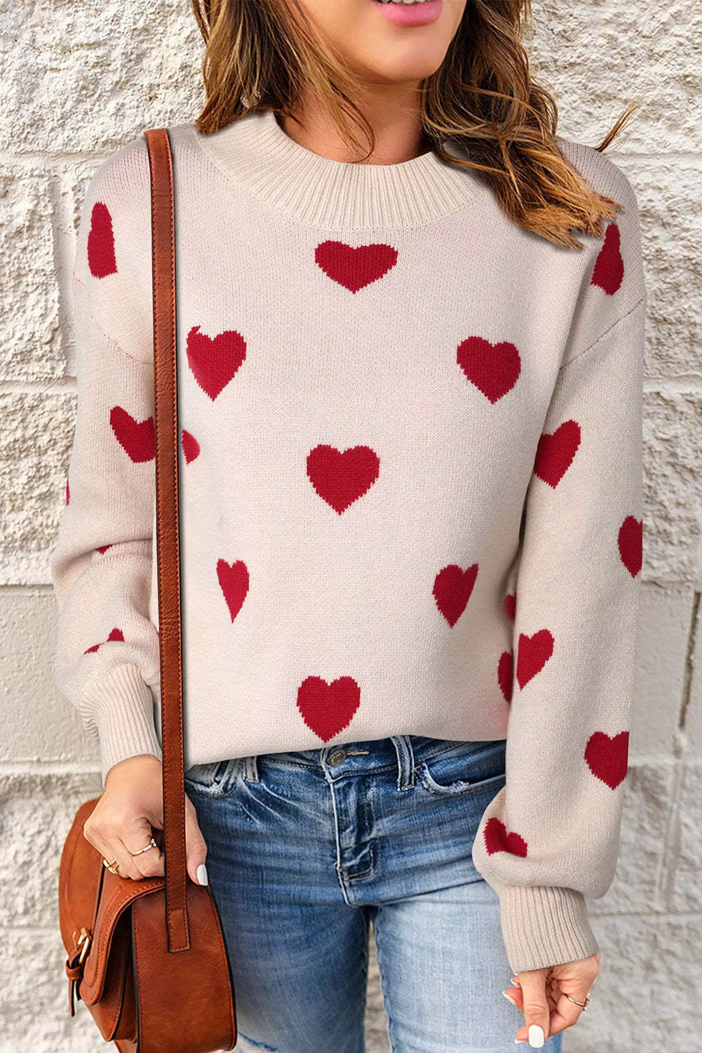 Damen Pullover mit Rundhalsausschnitt und Herzmuster