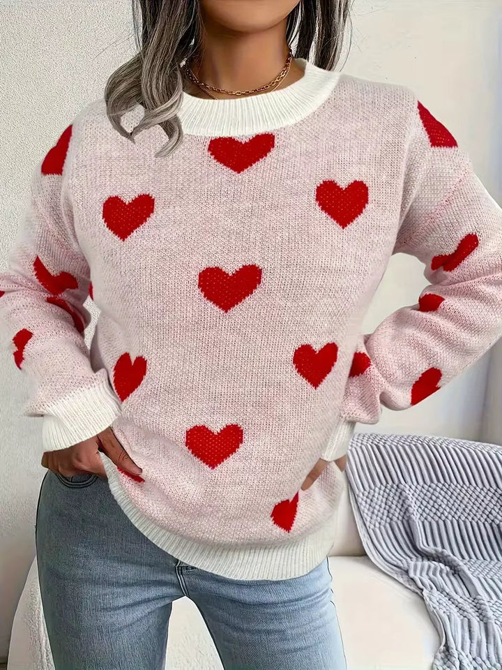 Damen Pullover mit Rundhalsausschnitt und Herzmuster