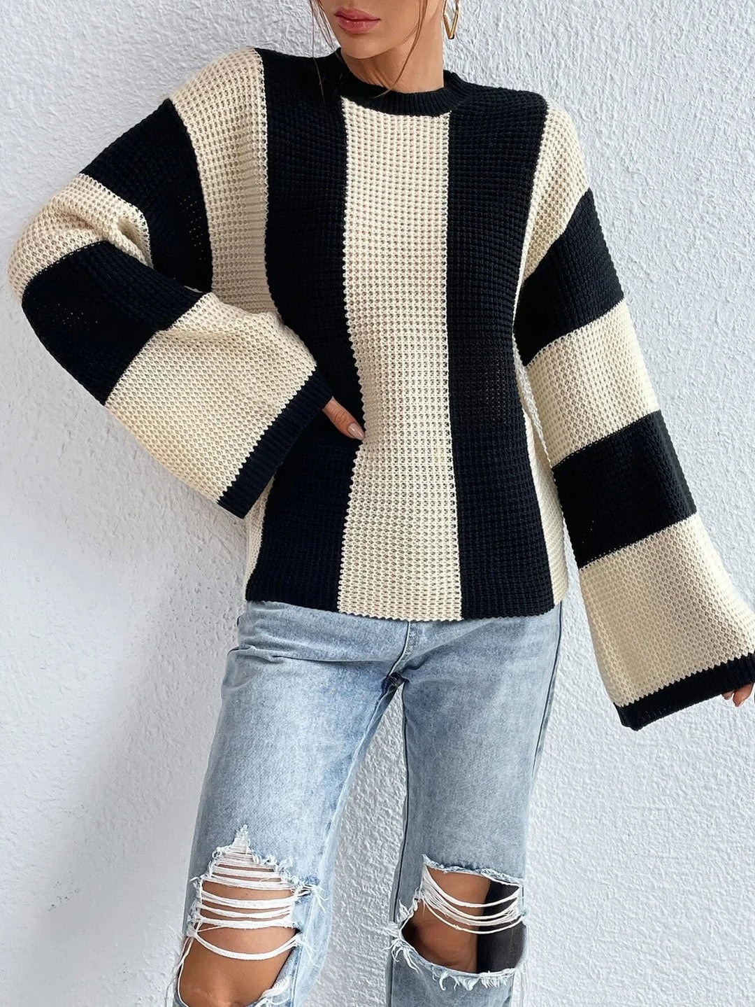 Damen Pullover mit Rundhalsausschnitt und Streifenmuster