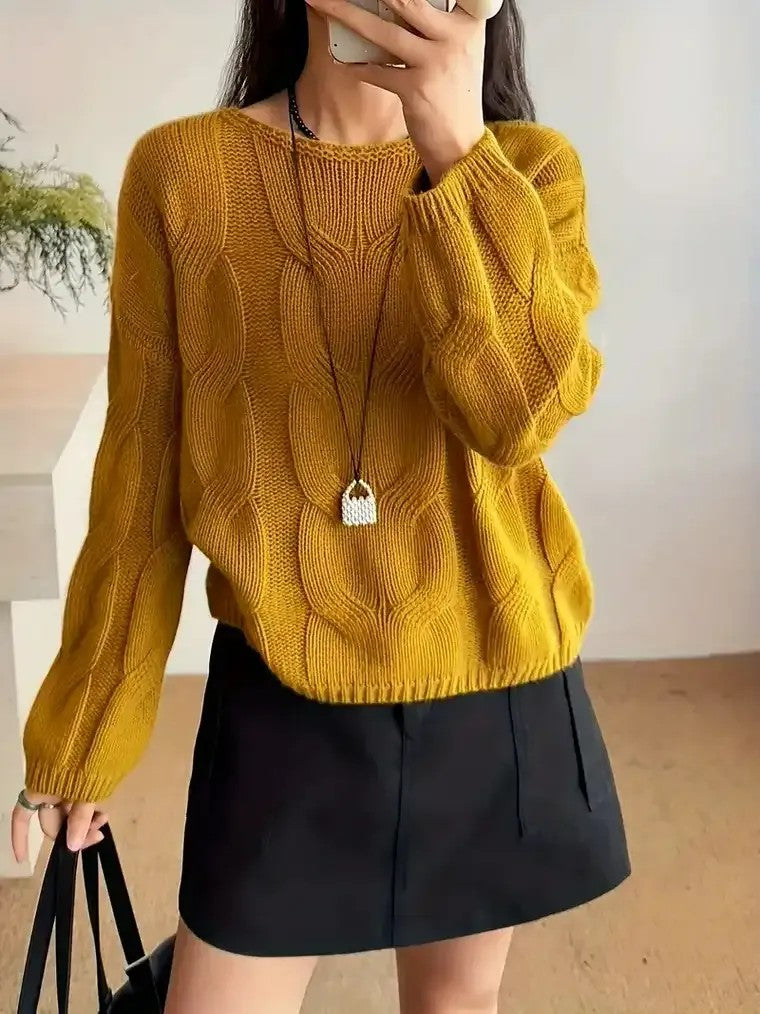 Damen Pullover mit Rundhalsausschnitt vertikalem Zopfmuster langen Ärmeln und gerippten Bündchen