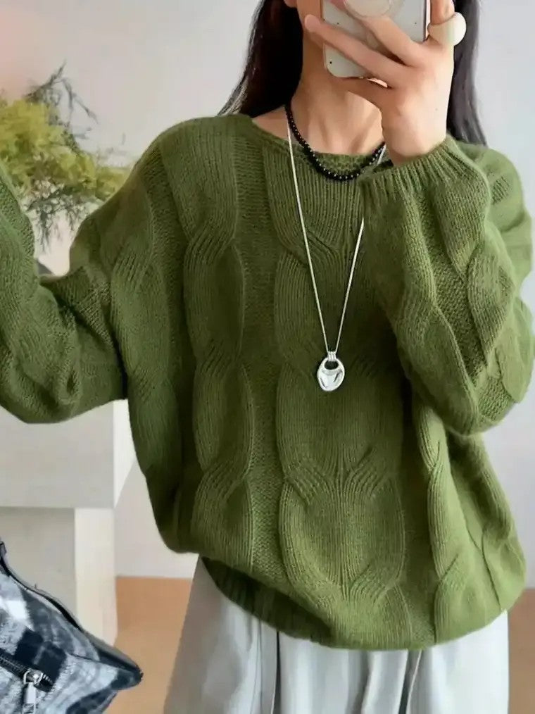 Damen Pullover mit Rundhalsausschnitt vertikalem Zopfmuster langen Ärmeln und gerippten Bündchen