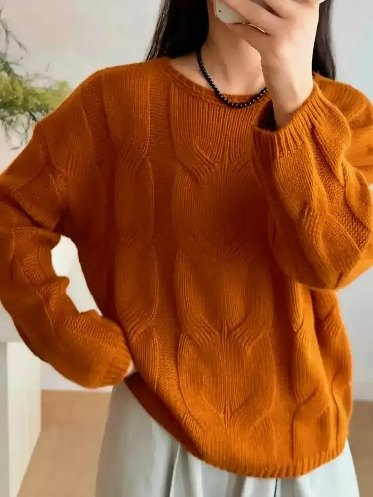 Damen Pullover mit Rundhalsausschnitt vertikalem Zopfmuster langen Ärmeln und gerippten Bündchen