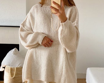 Damen Pullover mit Stehkragen Ballonärmeln und strukturierten Bündchen