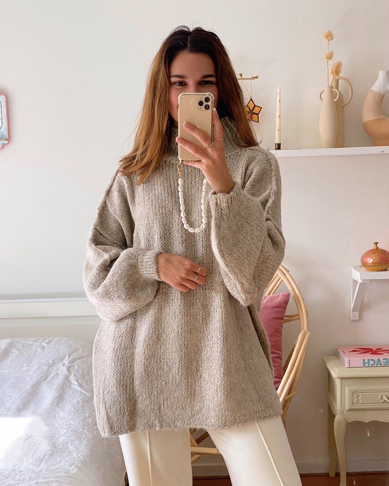 Damen Pullover mit Stehkragen Ballonärmeln und strukturierten Bündchen