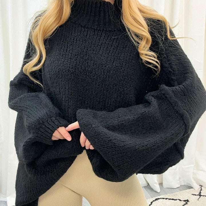 Damen Pullover mit Stehkragen Ballonärmeln und strukturierten Bündchen