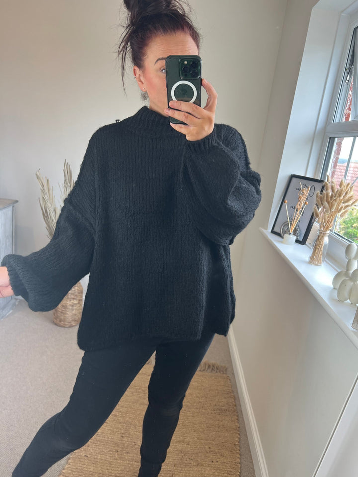 Damen Pullover mit Stehkragen Ballonärmeln und strukturierten Bündchen