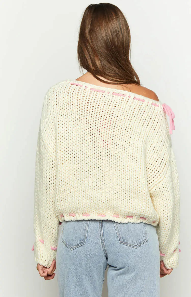 Damen Pullover mit weitem Bootsausschnitt und rosa Schleifendetails