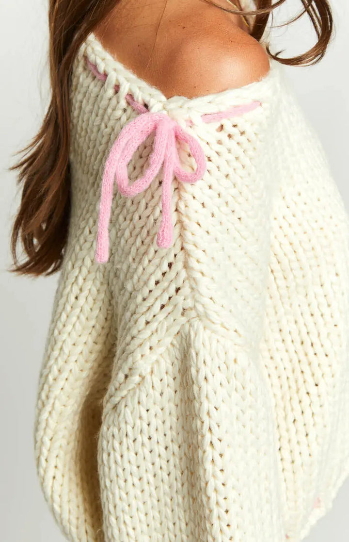 Damen Pullover mit weitem Bootsausschnitt und rosa Schleifendetails