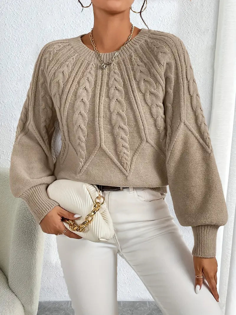 Damen Pullover mit Zopfmuster und Rundhalsausschnitt