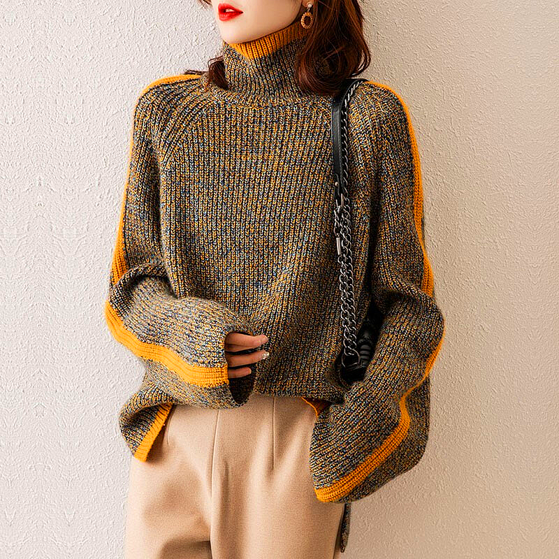 Damen Rollkragenpullover mit Kontraststreifen Melange-Strick und weiten Bündchen
