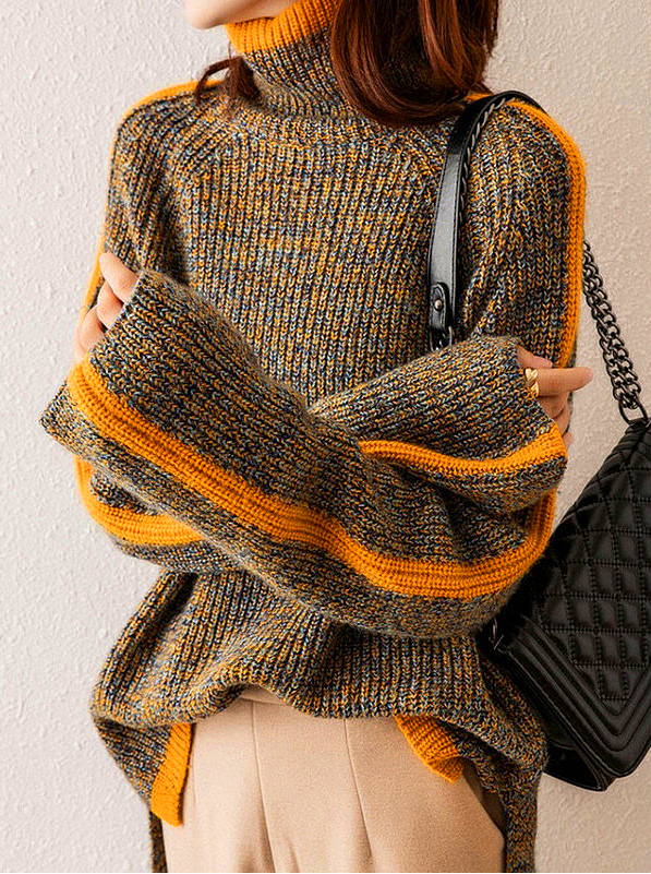 Damen Rollkragenpullover mit Kontraststreifen Melange-Strick und weiten Bündchen