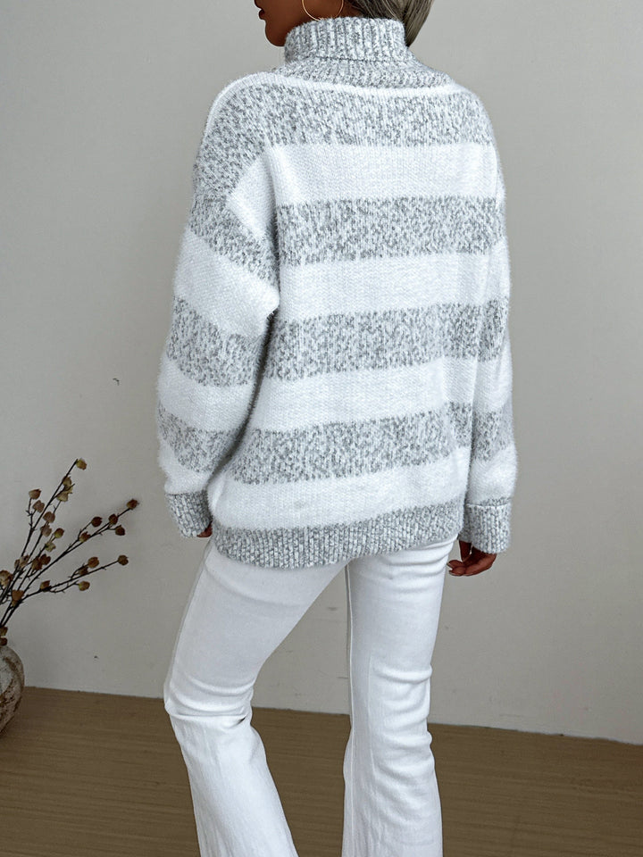 Damen Rollkragenpullover mit Querstreifen langen Ärmeln und strukturierter Oberfläche