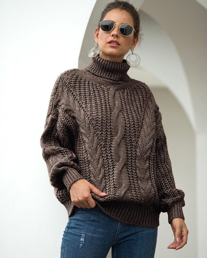 Damen Rollkragenpullover mit Zopfmuster langen Ärmeln und strukturierter Oberfläche