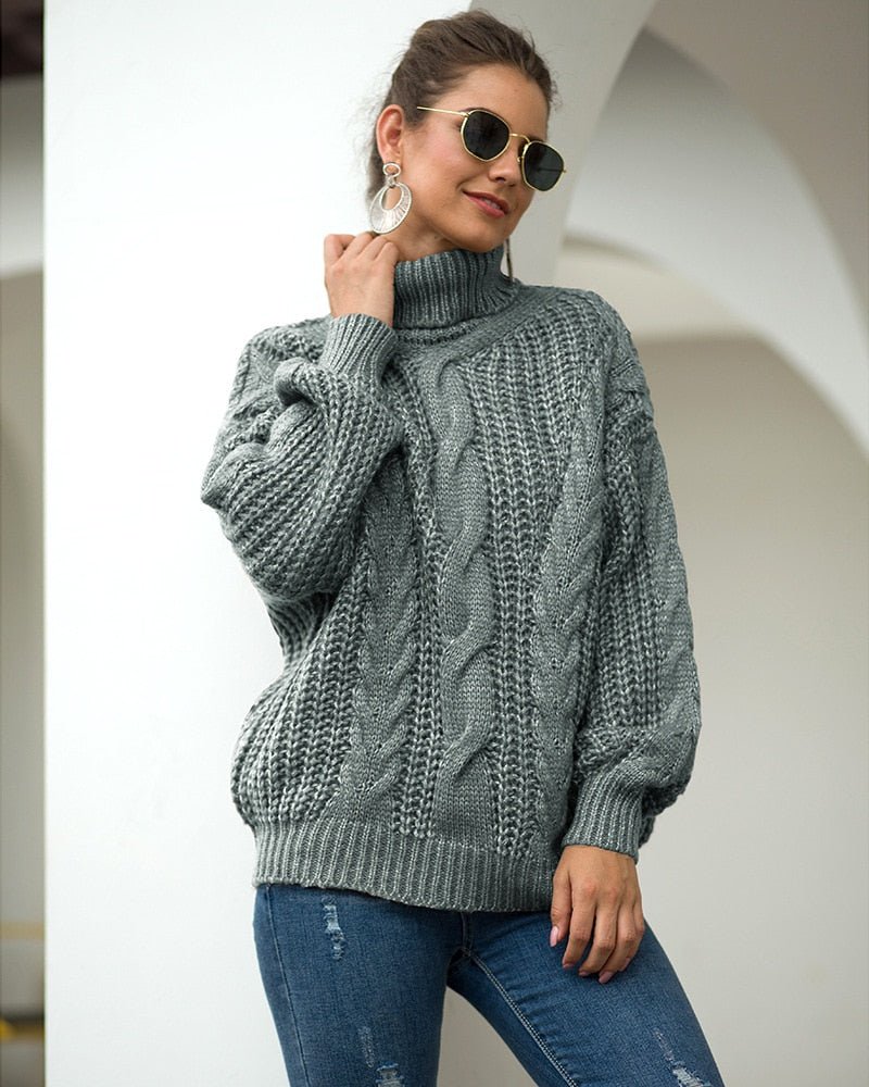 Damen Rollkragenpullover mit Zopfmuster langen Ärmeln und strukturierter Oberfläche