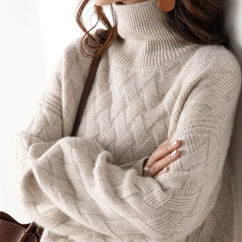 Damen Rollkragenpullover mit Zopfmuster und langen Ärmeln
