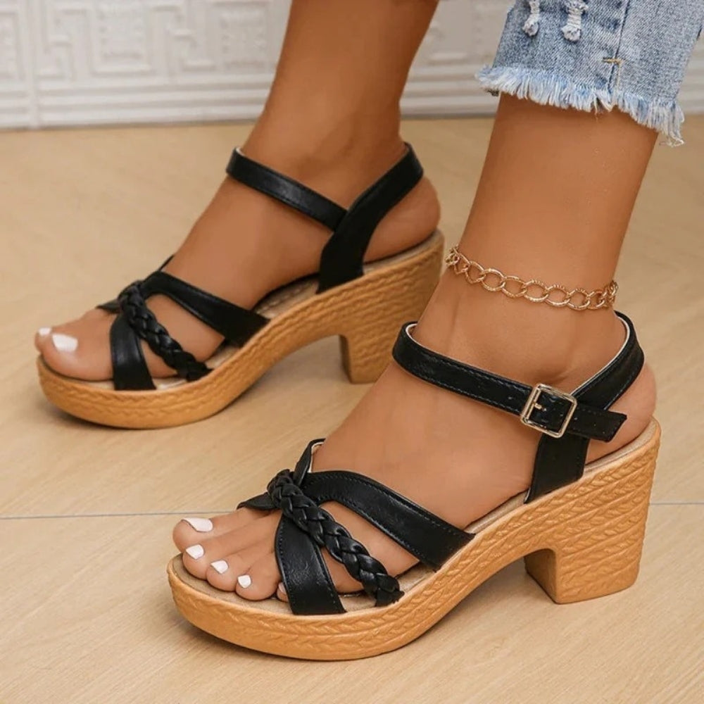 Damen Sandalen mit geflochtenem Riemen | Blockabsatz Sommer