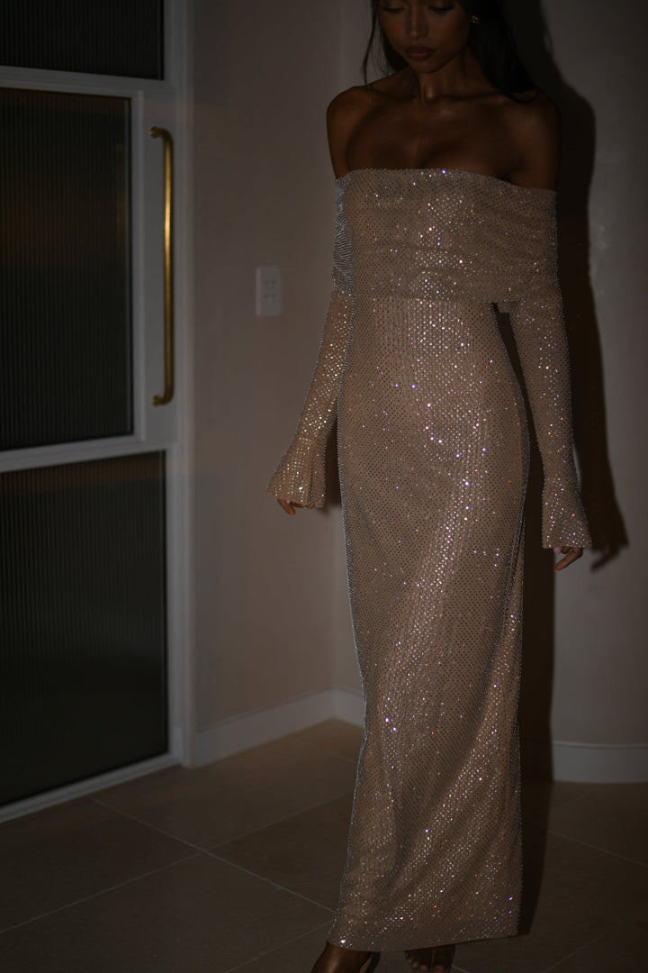 Damen Schulterfreies Glitzer-Maxikleid mit langen Ärmeln