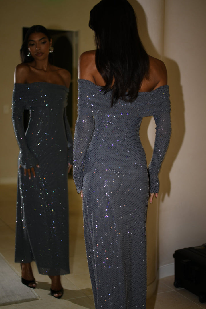 Damen Schulterfreies Glitzer-Maxikleid mit langen Ärmeln