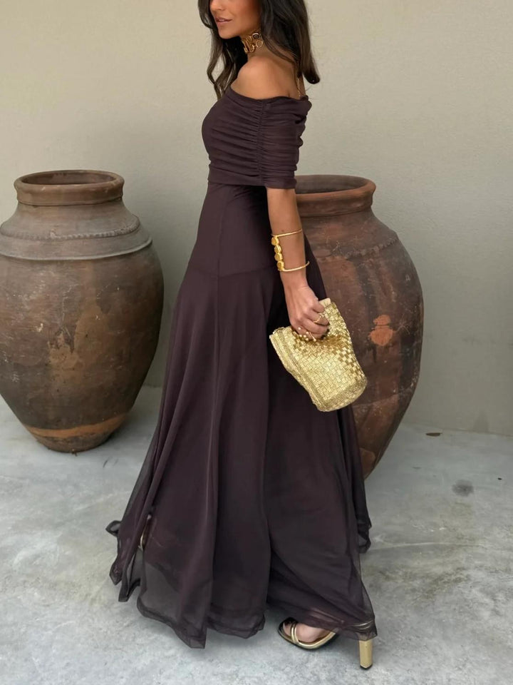 Damen Schulterfreies Maxikleid mit gerafftem Oberteil und halbtransparentem Rockteil