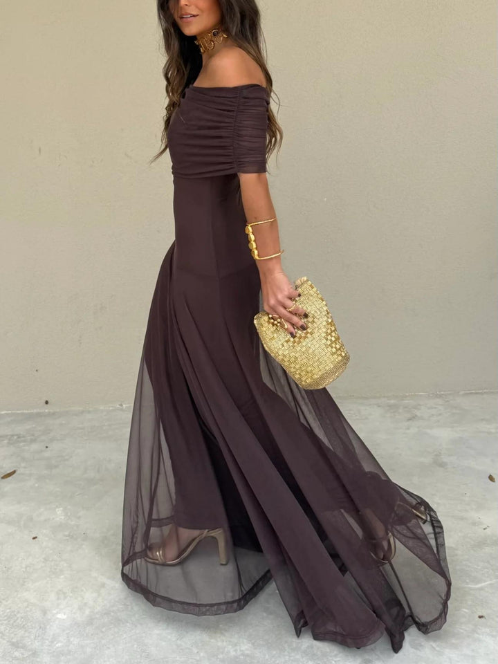 Damen Schulterfreies Maxikleid mit gerafftem Oberteil und halbtransparentem Rockteil