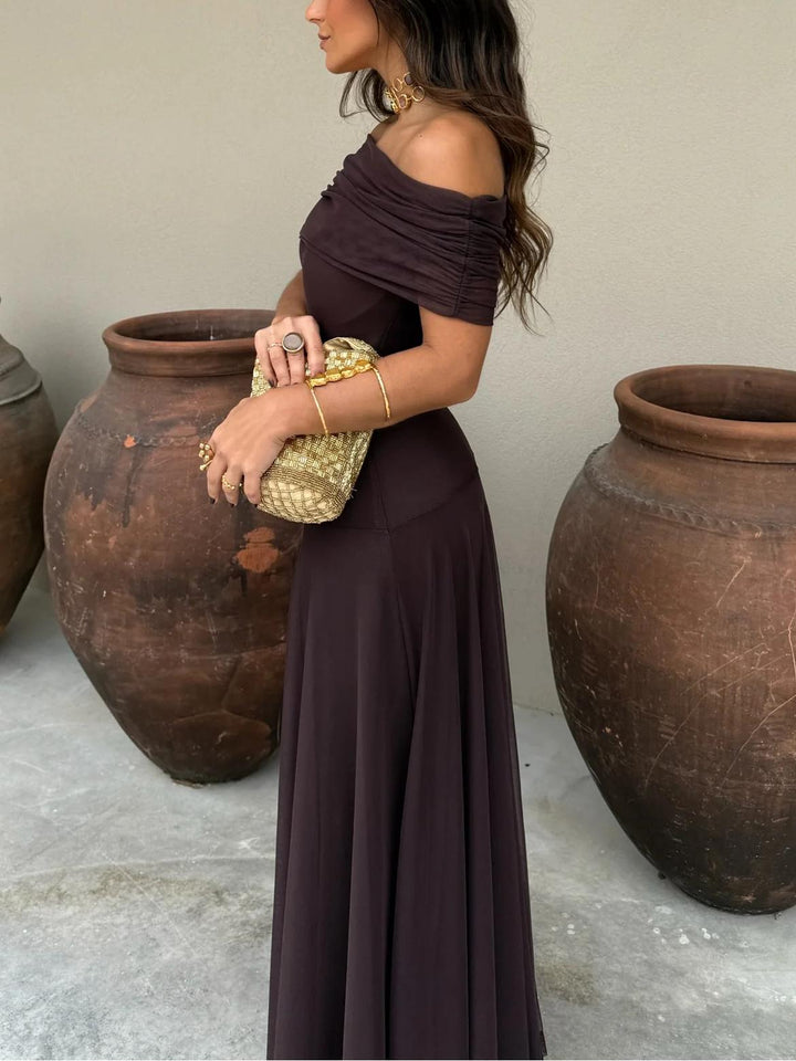 Damen Schulterfreies Maxikleid mit gerafftem Oberteil und halbtransparentem Rockteil