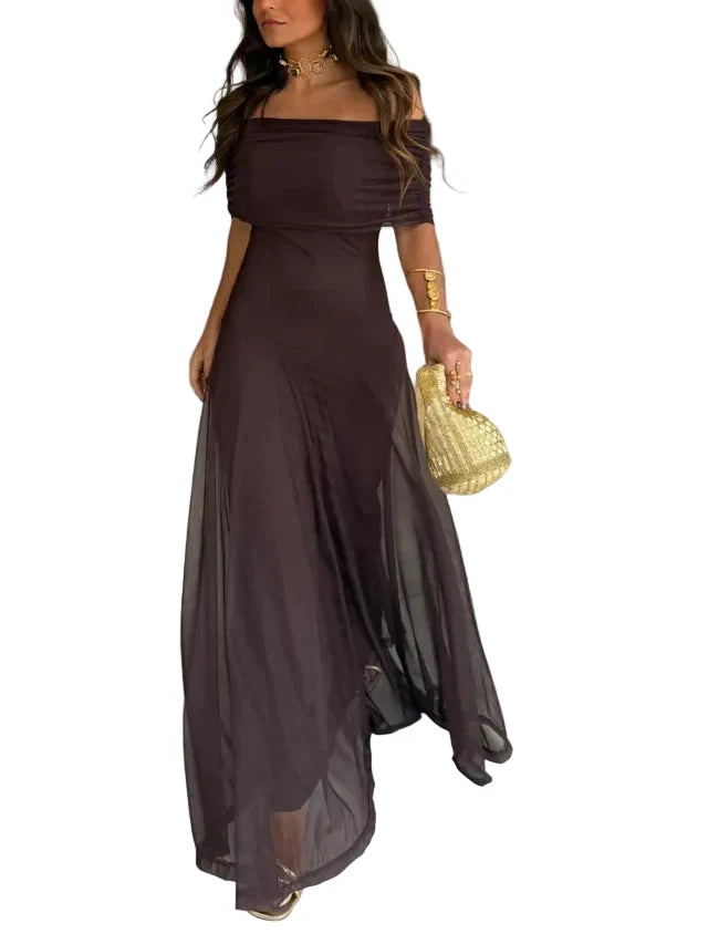 Damen Schulterfreies Maxikleid mit gerafftem Oberteil und langem Rock-Maxi Dress-Alpenkind