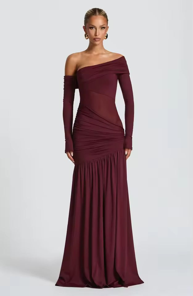 Damen Schulterfreies Maxikleid mit langen Ärmeln und seitlichem Schlitz mit durchsichtigem Einsatz