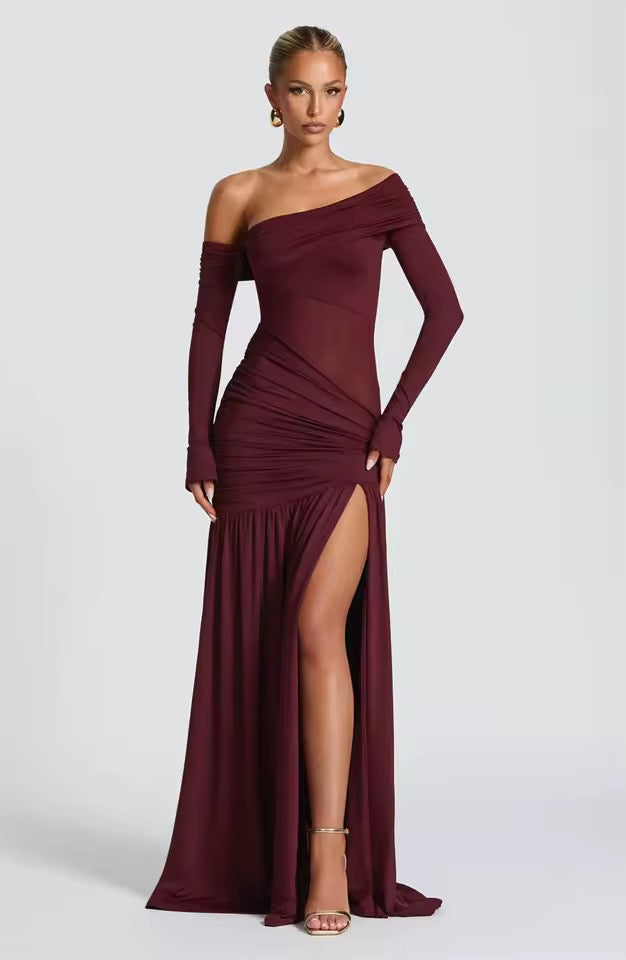 Damen Schulterfreies Maxikleid mit langen Ärmeln und seitlichem Schlitz mit durchsichtigem Einsatz