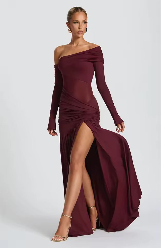 Damen Schulterfreies Maxikleid mit langen Ärmeln und seitlichem Schlitz mit durchsichtigem Einsatz