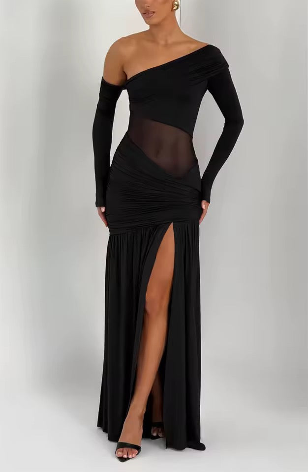 Damen Schulterfreies Maxikleid mit langen Ärmeln und seitlichem Schlitz mit durchsichtigem Einsatz