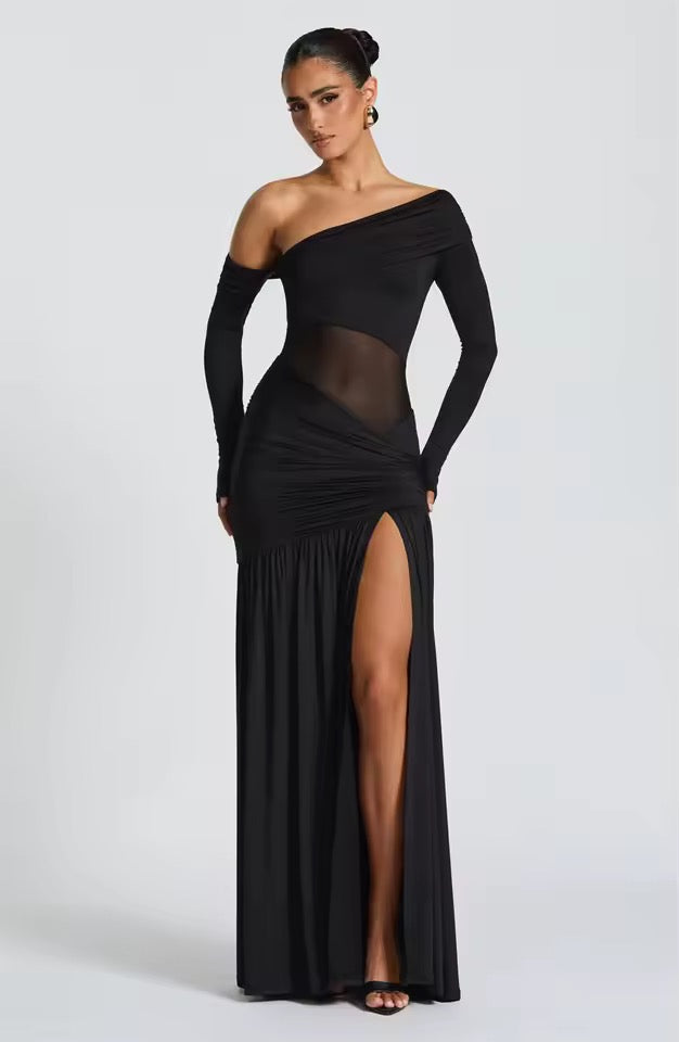 Damen Schulterfreies Maxikleid mit langen Ärmeln und seitlichem Schlitz mit durchsichtigem Einsatz