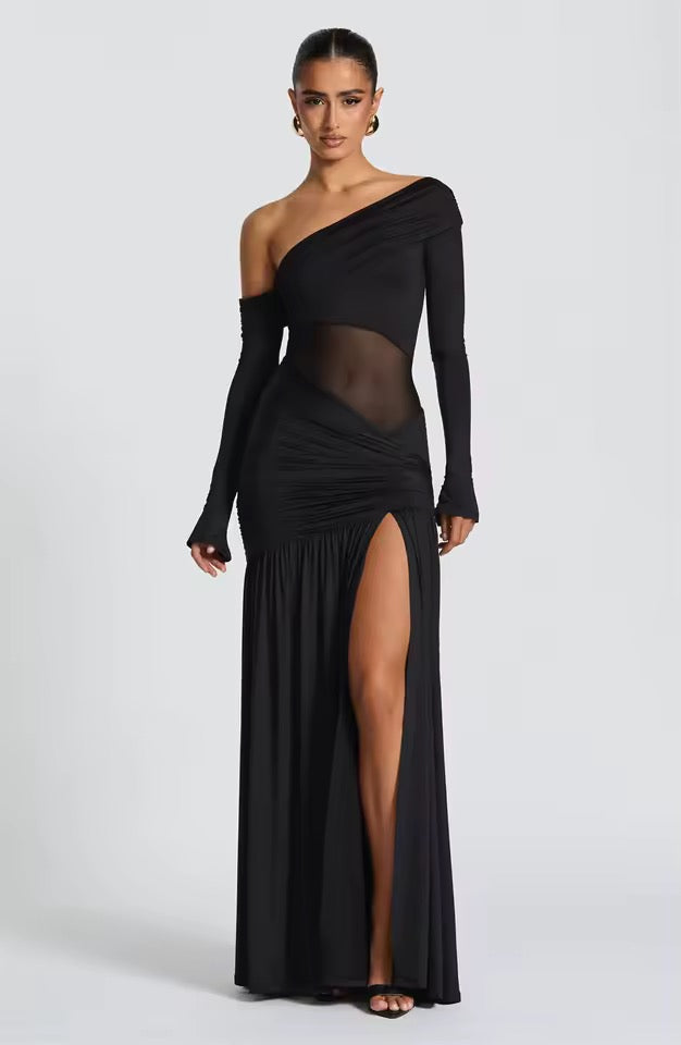 Damen Schulterfreies Maxikleid mit langen Ärmeln und seitlichem Schlitz mit durchsichtigem Einsatz