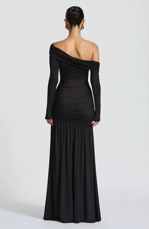 Damen Schulterfreies Maxikleid mit langen Ärmeln und seitlichem Schlitz mit durchsichtigem Einsatz