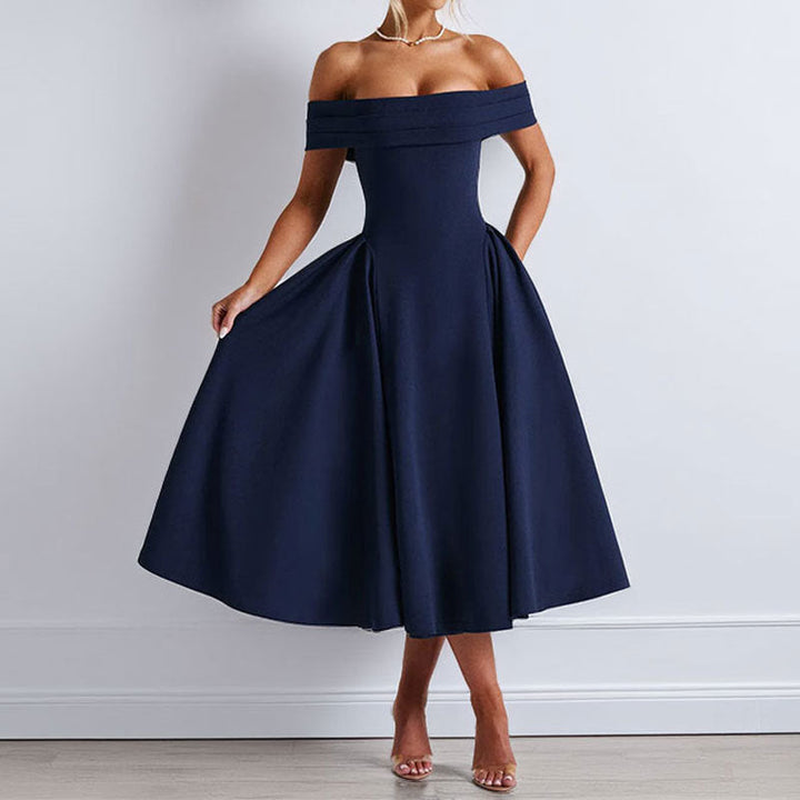 Damen Schulterfreies Midikleid mit gefaltetem Halsausschnitt und ausgestelltem Rock