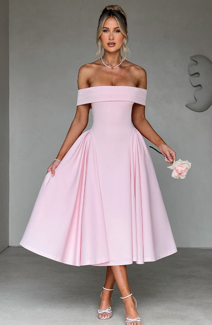 Damen Schulterfreies Midikleid mit gefaltetem Halsausschnitt und ausgestelltem Rock