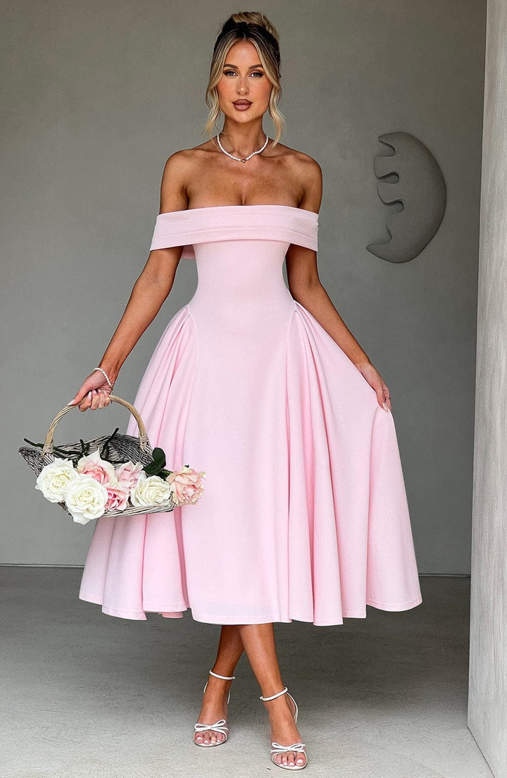 Damen Schulterfreies Midikleid mit gefaltetem Halsausschnitt und ausgestelltem Rock
